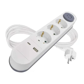 Hosszabbító 2 m / 3 aljzat / kapcsolós / fehér / 1×USB-A + 1×USB-C / 1,5 mm2