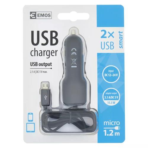 EMOS univerzális 12V töltő USB kábellel, kimenettel 3,1A
