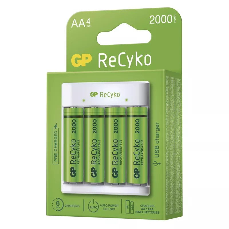 GP E411 USB töltő+4 db AA 2000mAh Recyko akku - Elem és akkumulátor ...